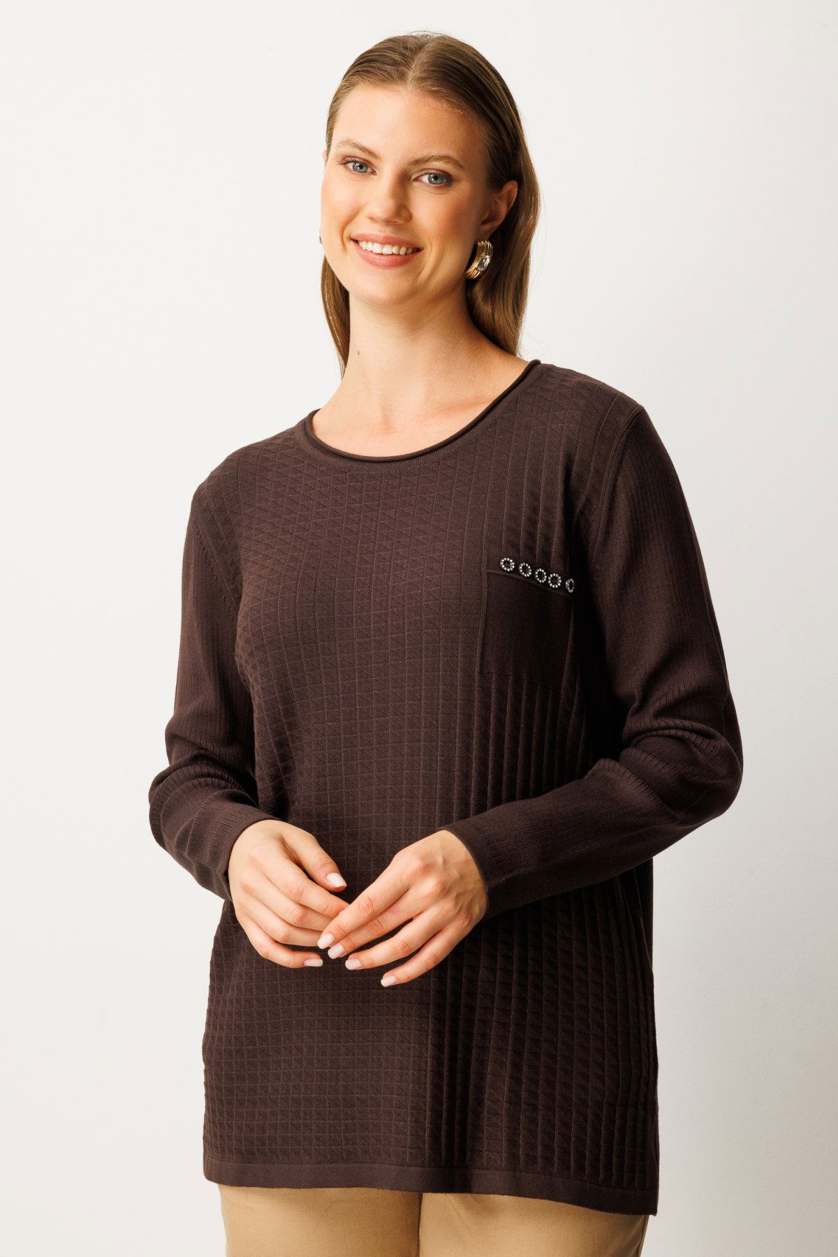 On Kadın Büyük Beden Cebi Taşlı Triko Kazak 65354 Kahverengi - 2