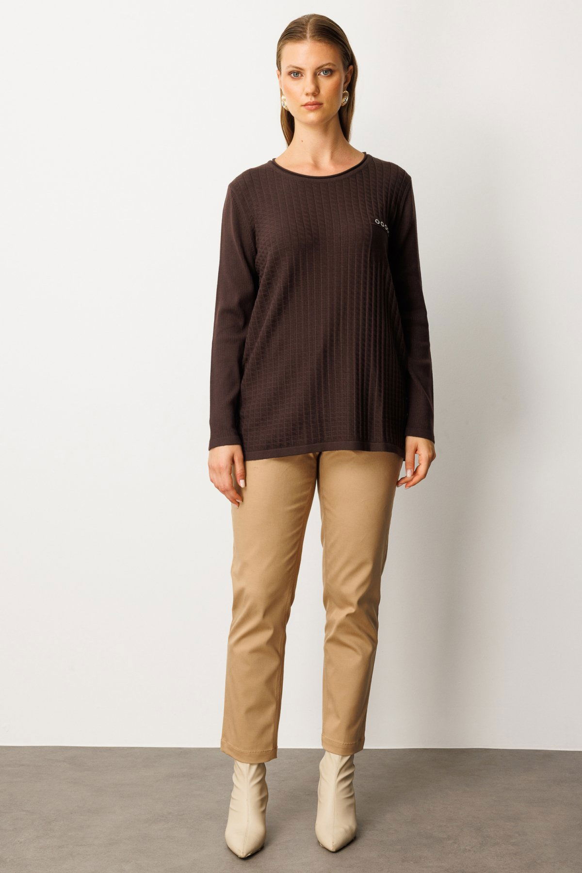 On Kadın Büyük Beden Cebi Taşlı Triko Kazak 65354 Kahverengi - 3