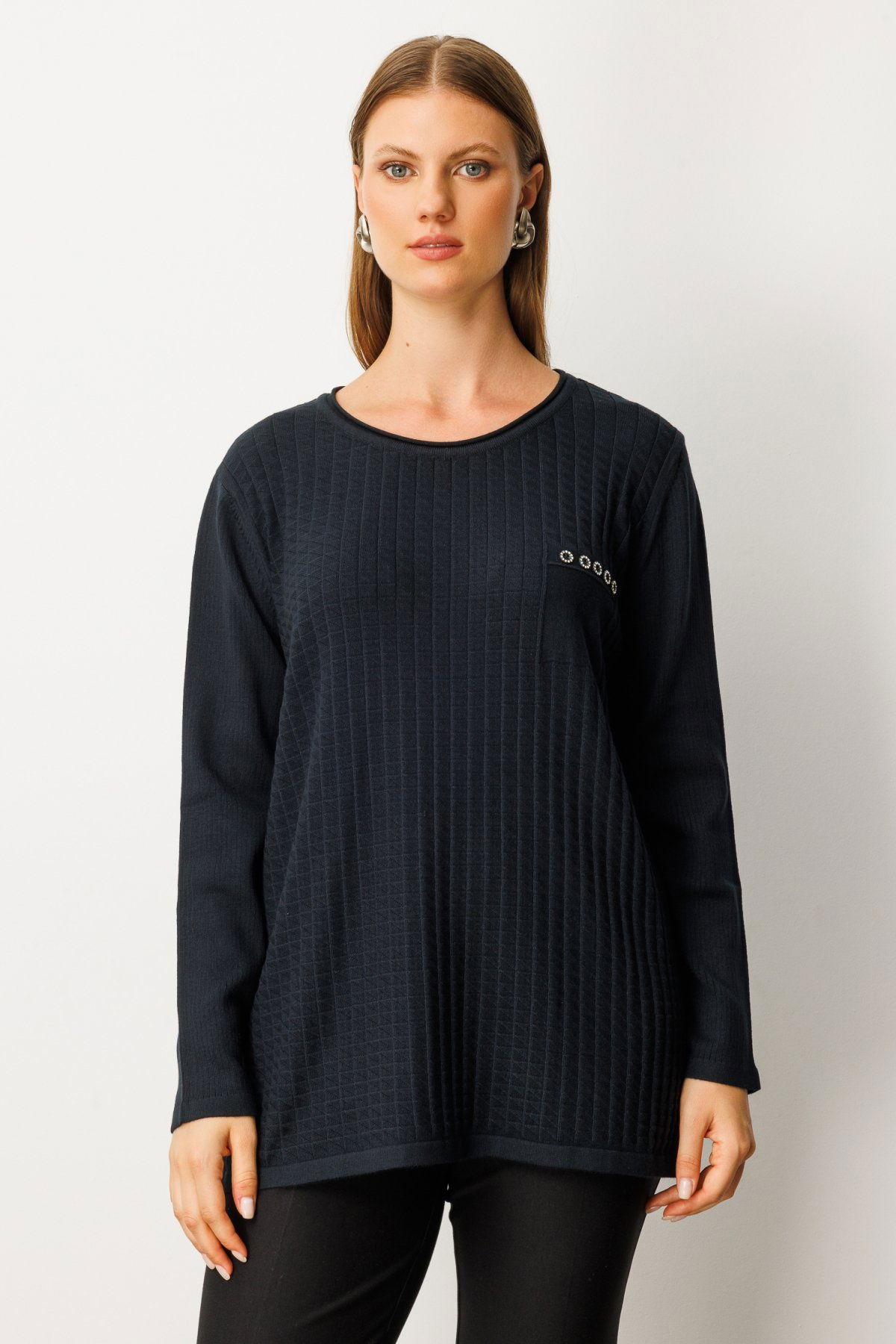 On Kadın Büyük Beden Cebi Taşlı Triko Kazak 65354 Siyah - 1