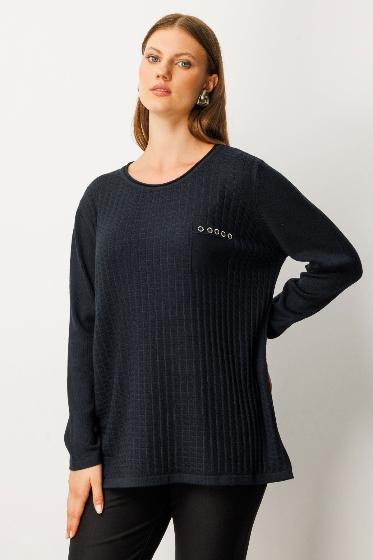 On Kadın Büyük Beden Cebi Taşlı Triko Kazak 65354 Siyah - 2