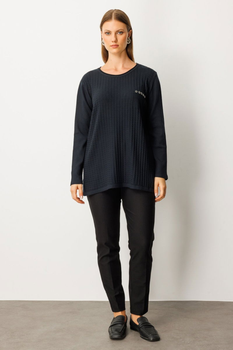 On Kadın Büyük Beden Cebi Taşlı Triko Kazak 65354 Siyah - 3