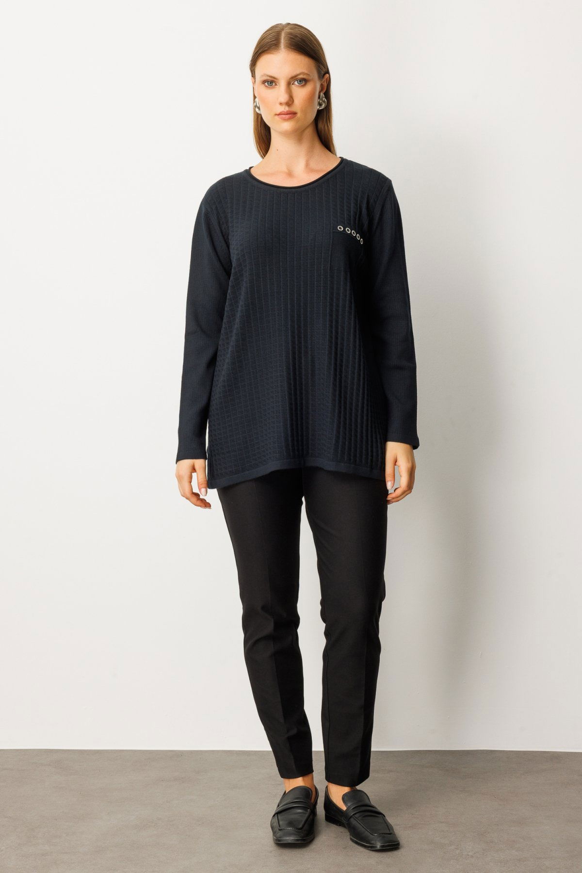 On Kadın Büyük Beden Cebi Taşlı Triko Kazak 65354 Siyah - 3