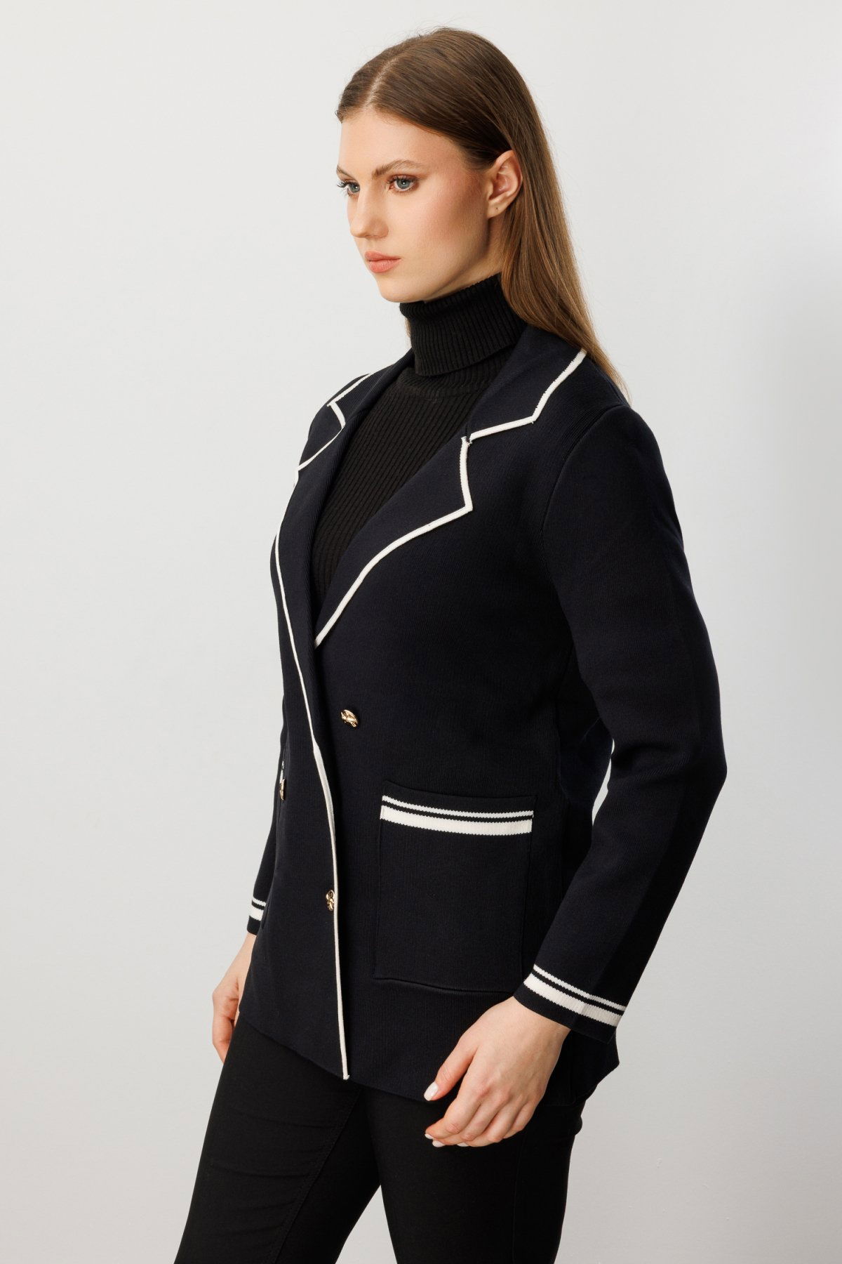 On Kadın Büyük Beden Ceket Yaka Torba Cepli Hırka 60906 Siyah - 2