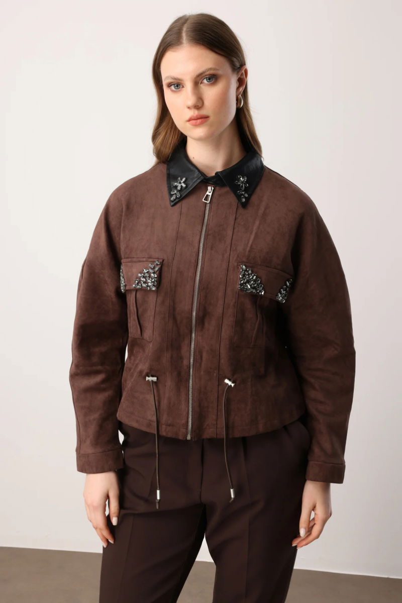 On Kadın Büyük Beden Cepleri Taş Detaylı Süet Mont 60714 Kahverengi - On