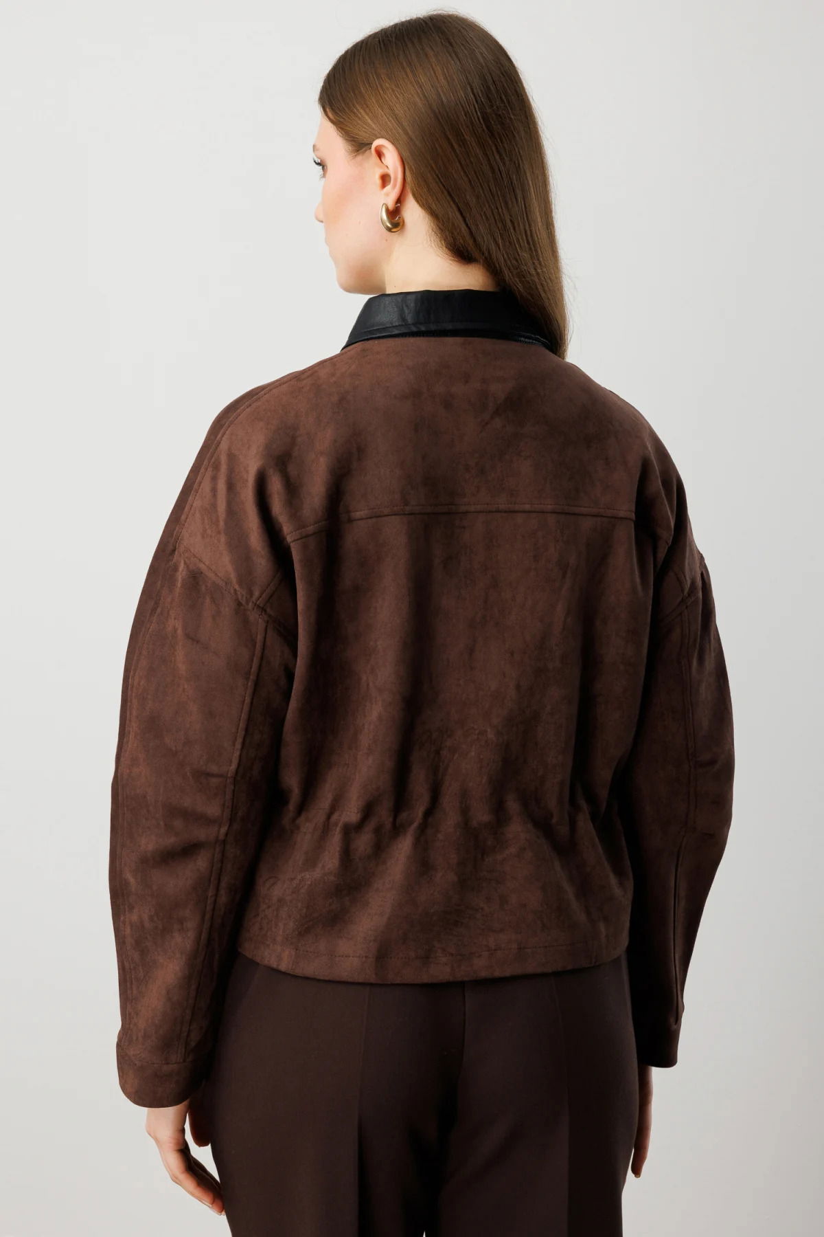 On Kadın Büyük Beden Cepleri Taş Detaylı Süet Mont 60714 Kahverengi - 4