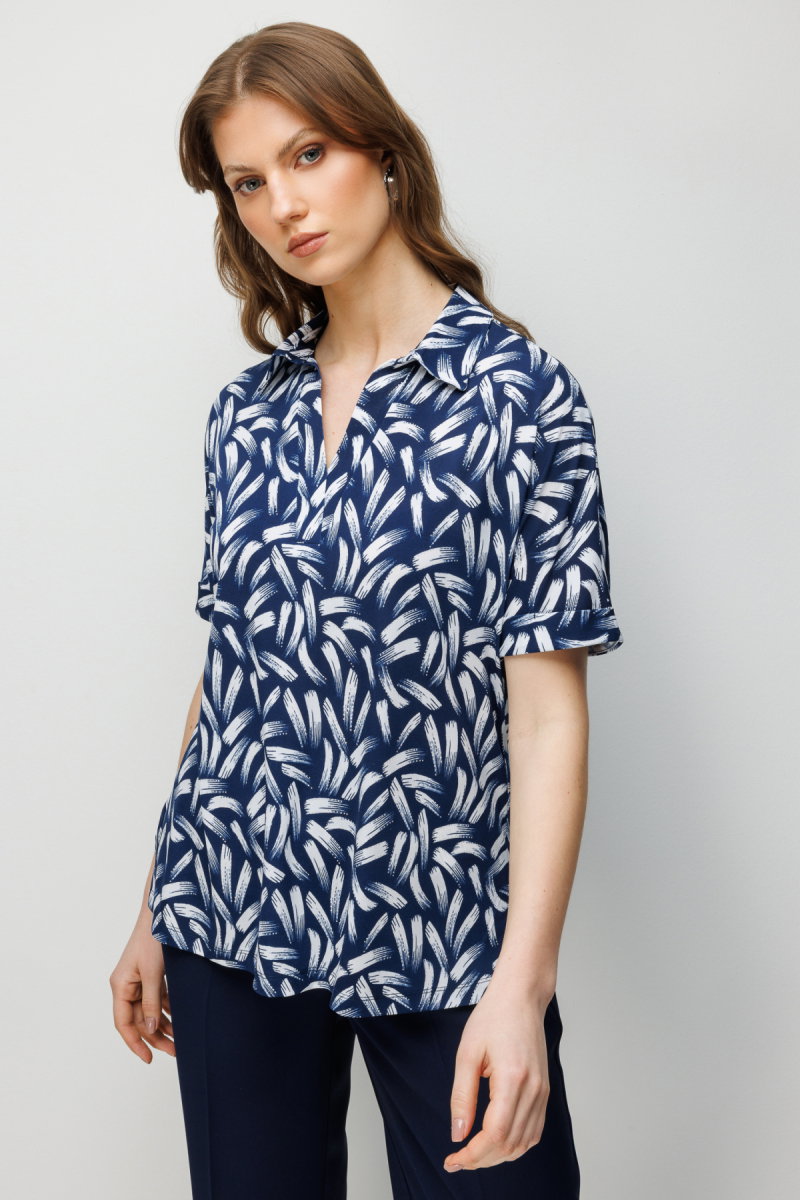 On Kadın Büyük Beden Desenli Kısa Kollu Bluz 71338 Lacivert - 2