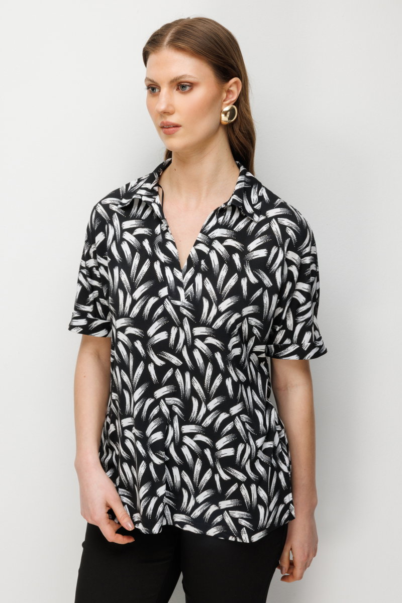 On Kadın Büyük Beden Desenli Kısa Kollu Bluz 71338 Siyah - 2