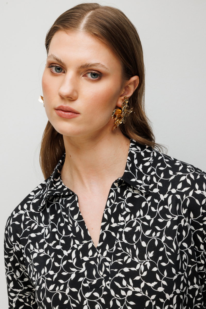 On Kadın Büyük Beden Desenli Kısa Kollu Bluz 71338 Siyah-Ekru - 2