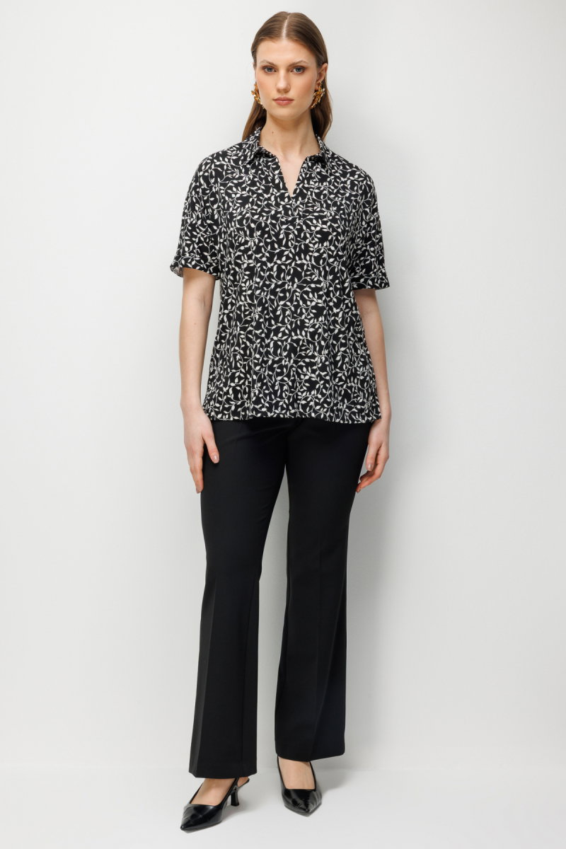 On Kadın Büyük Beden Desenli Kısa Kollu Bluz 71338 Siyah-Ekru - 3