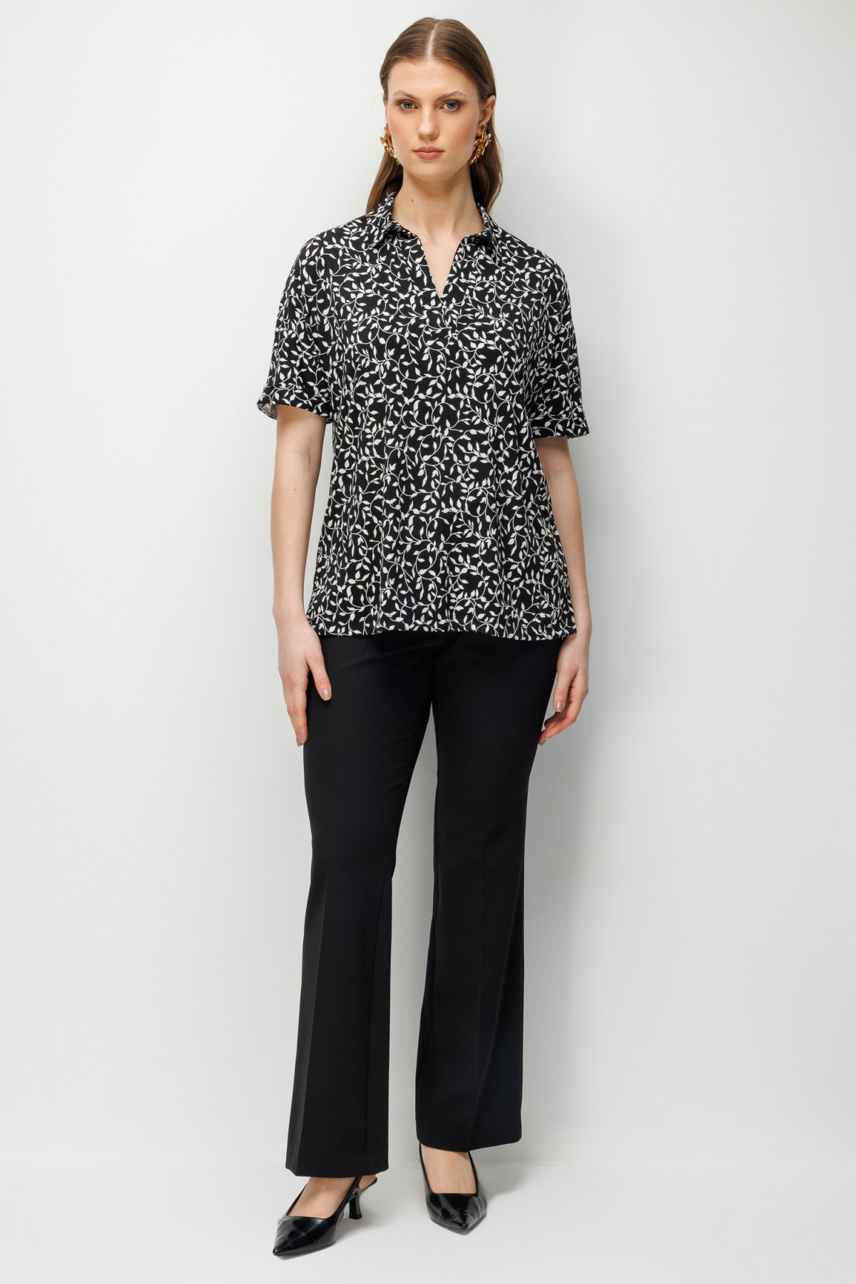 On Kadın Büyük Beden Desenli Kısa Kollu Bluz 71338 Siyah-Ekru - 3