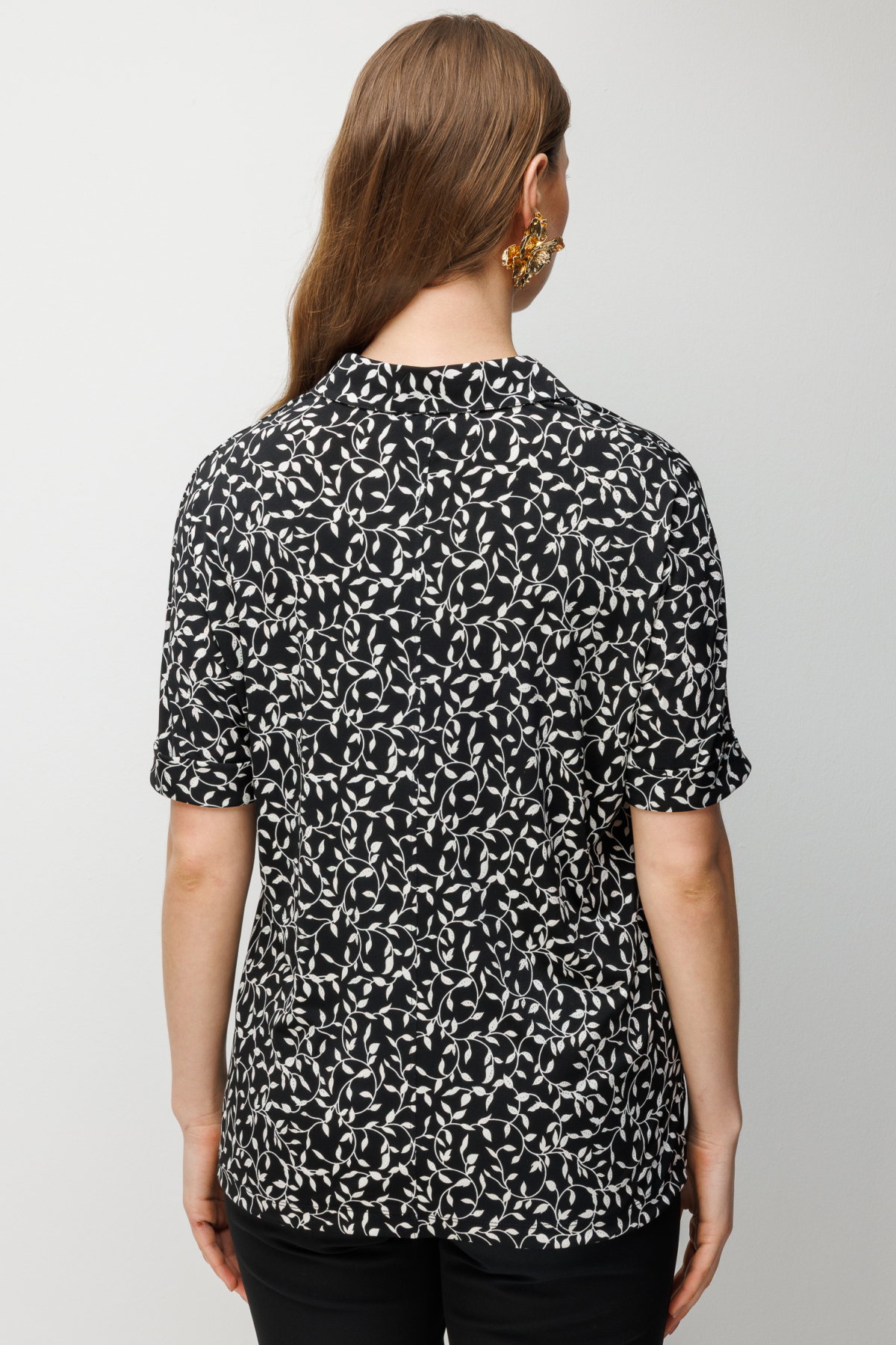 On Kadın Büyük Beden Desenli Kısa Kollu Bluz 71338 Siyah-Ekru - 4