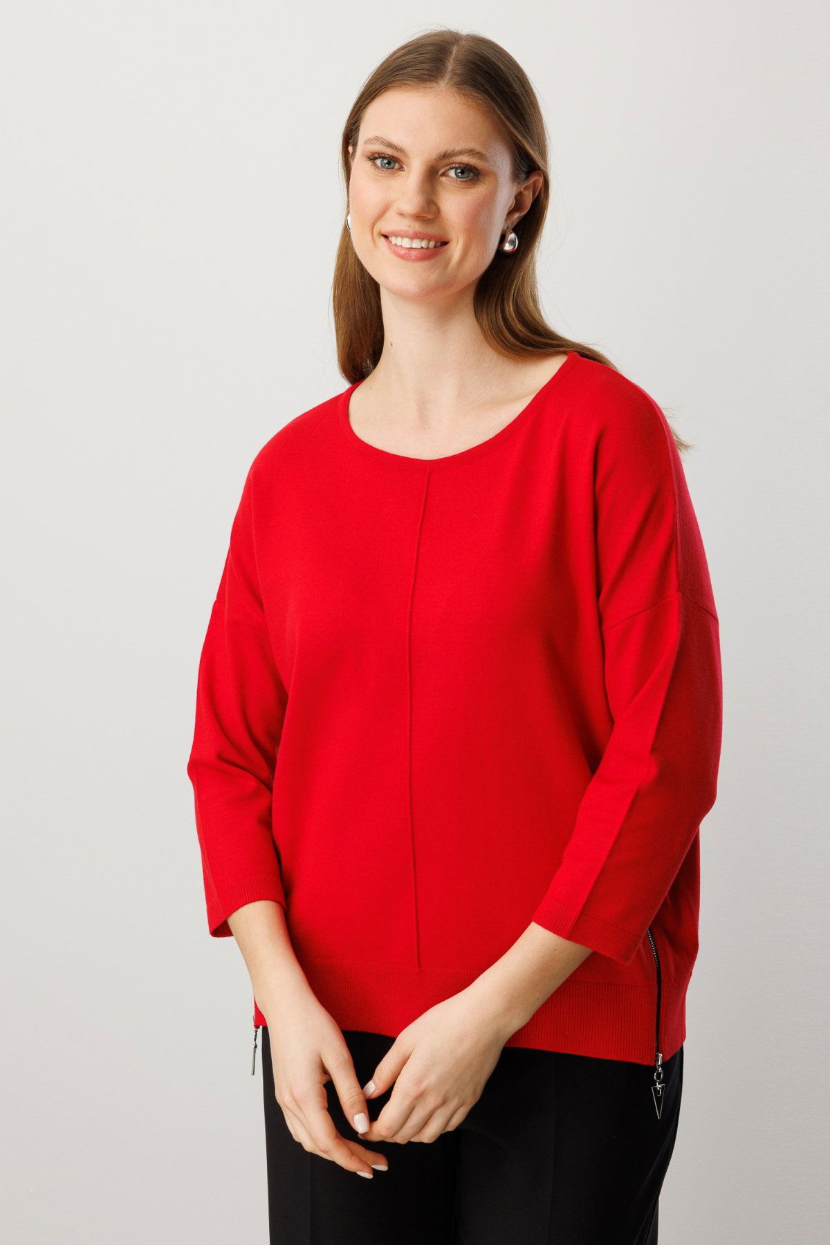 On Kadın Büyük Beden Fermuar Detaylı Triko Kazak 65389 Kırmızı - 1