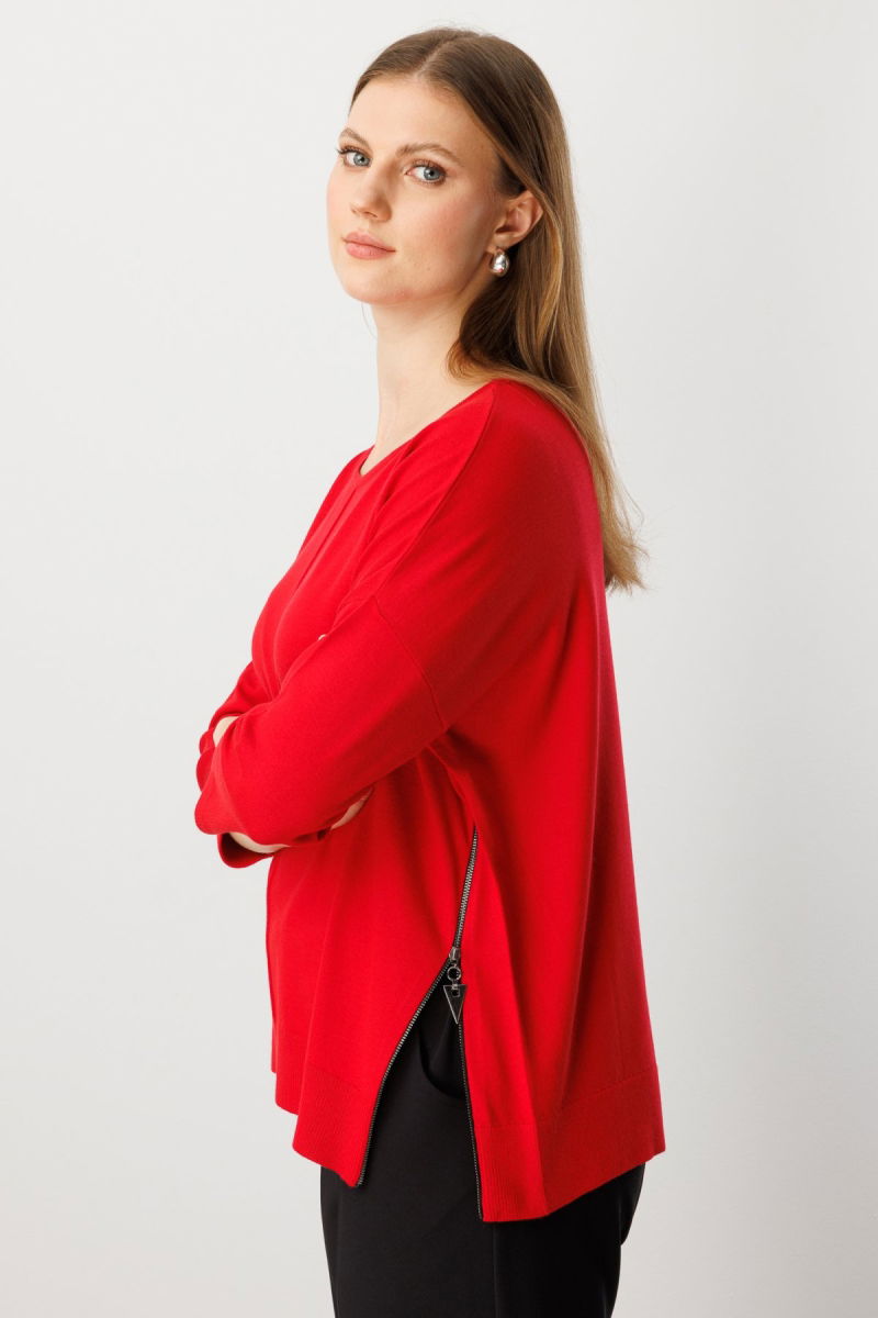 On Kadın Büyük Beden Fermuar Detaylı Triko Kazak 65389 Kırmızı - 2