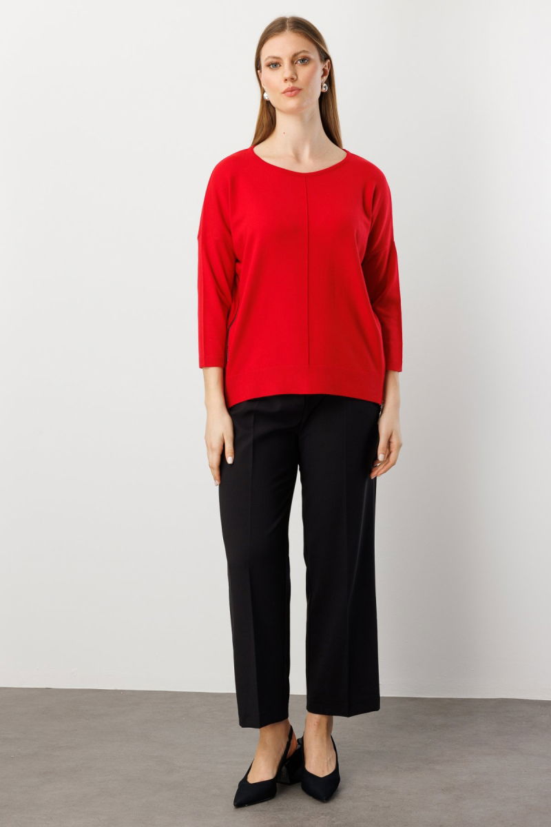 On Kadın Büyük Beden Fermuar Detaylı Triko Kazak 65389 Kırmızı - 3