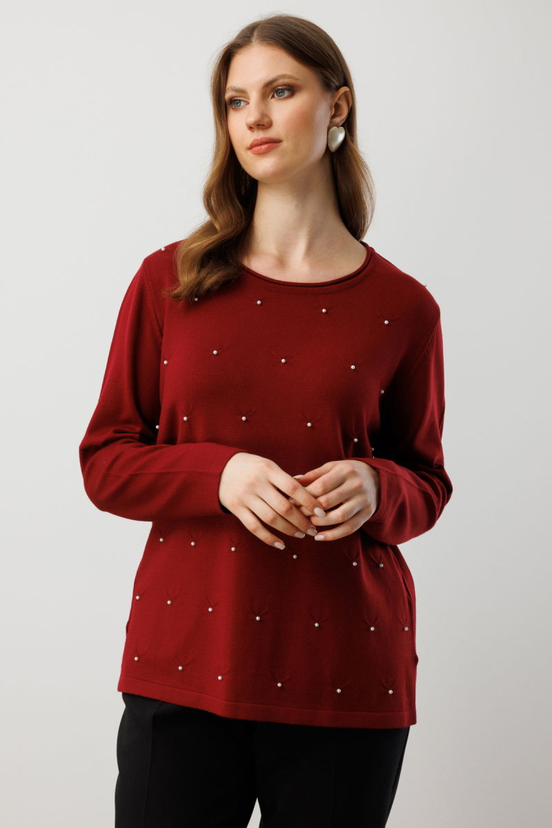 On Kadın Büyük Beden İnci Detaylı Triko Kazak 65371 Bordo - On