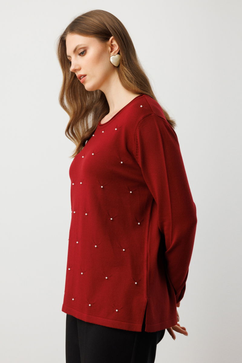 On Kadın Büyük Beden İnci Detaylı Triko Kazak 65371 Bordo - 2