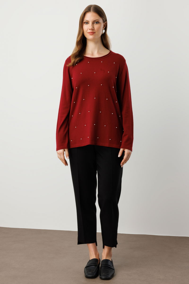 On Kadın Büyük Beden İnci Detaylı Triko Kazak 65371 Bordo - 3