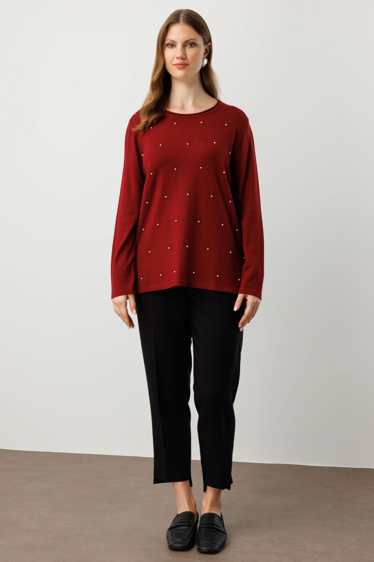 On Kadın Büyük Beden İnci Detaylı Triko Kazak 65371 Bordo - 3