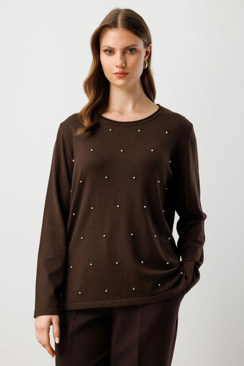 On Kadın Büyük Beden İnci Detaylı Triko Kazak 65371 Kahverengi - On