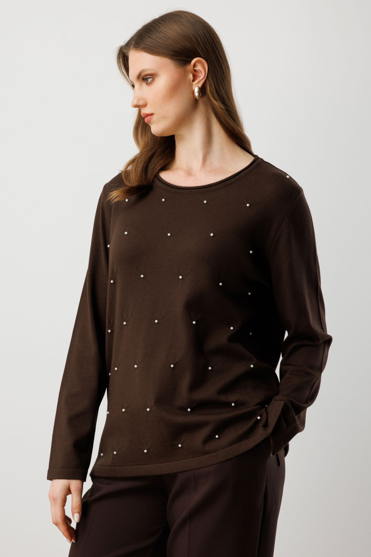 On Kadın Büyük Beden İnci Detaylı Triko Kazak 65371 Kahverengi - 2