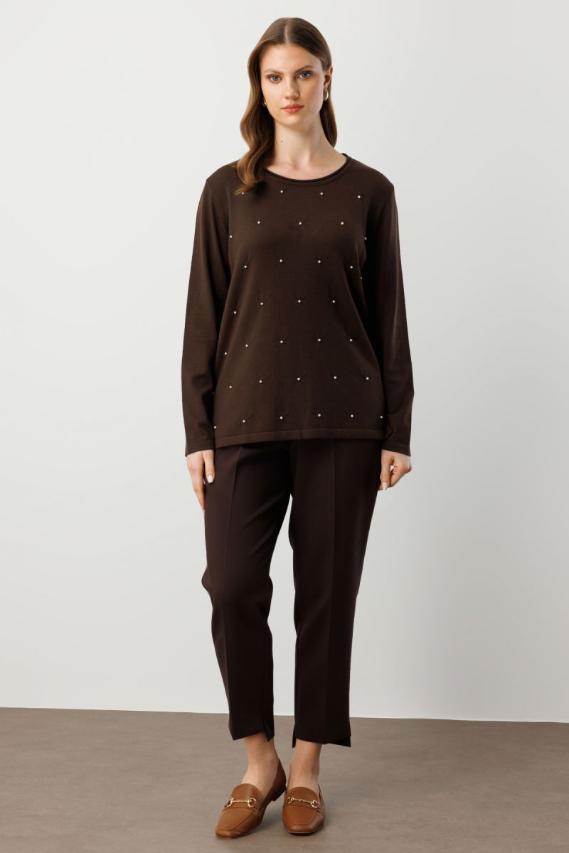 On Kadın Büyük Beden İnci Detaylı Triko Kazak 65371 Kahverengi - 3