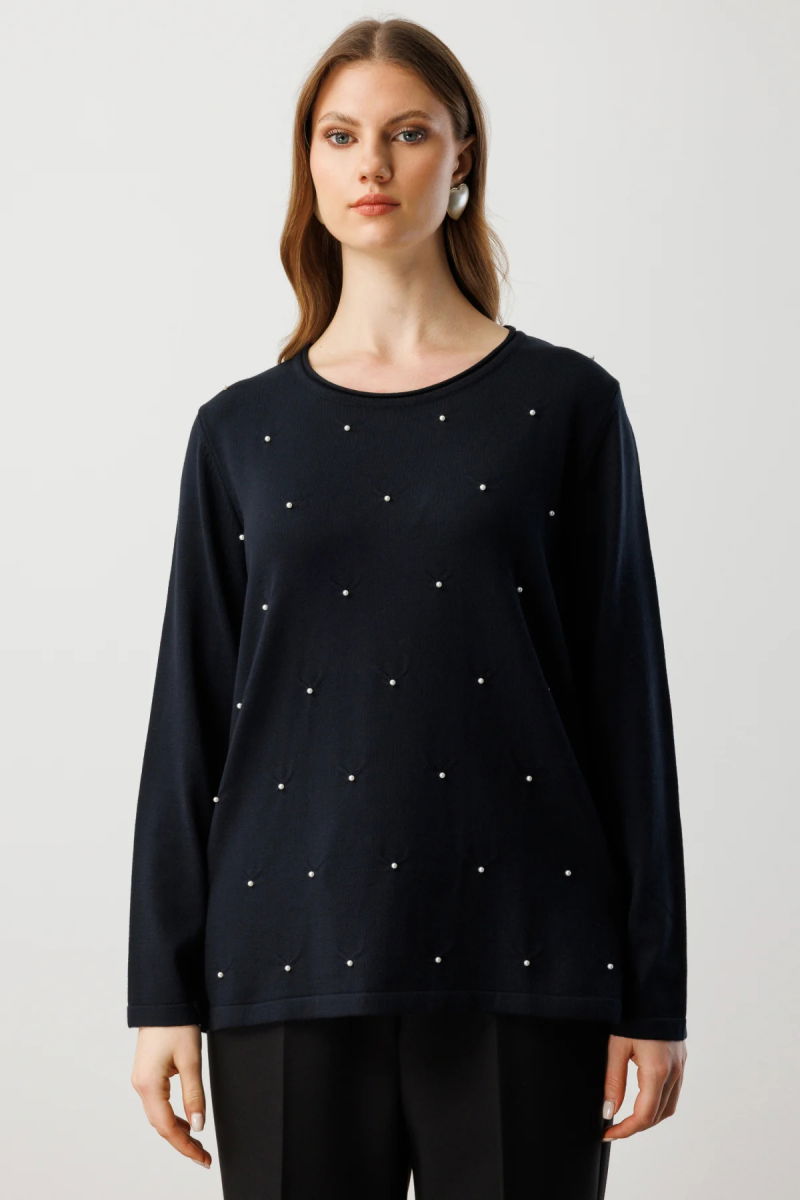 On Kadın Büyük Beden İnci Detaylı Triko Kazak 65371 Siyah - On