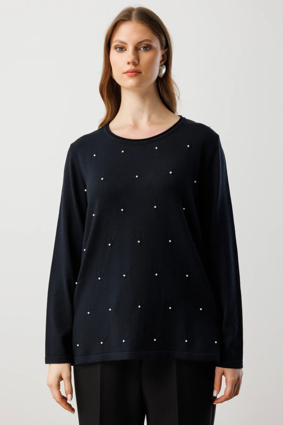 On Kadın Büyük Beden İnci Detaylı Triko Kazak 65371 Siyah - 1