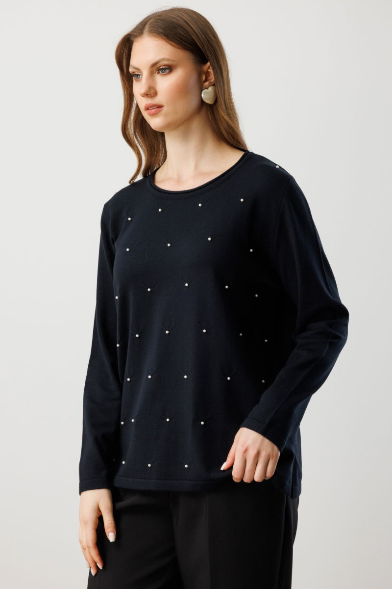 On Kadın Büyük Beden İnci Detaylı Triko Kazak 65371 Siyah - 2