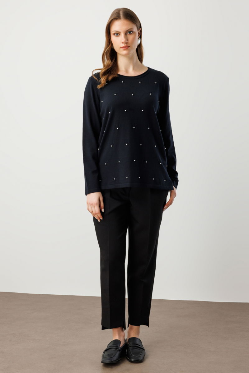 On Kadın Büyük Beden İnci Detaylı Triko Kazak 65371 Siyah - 3