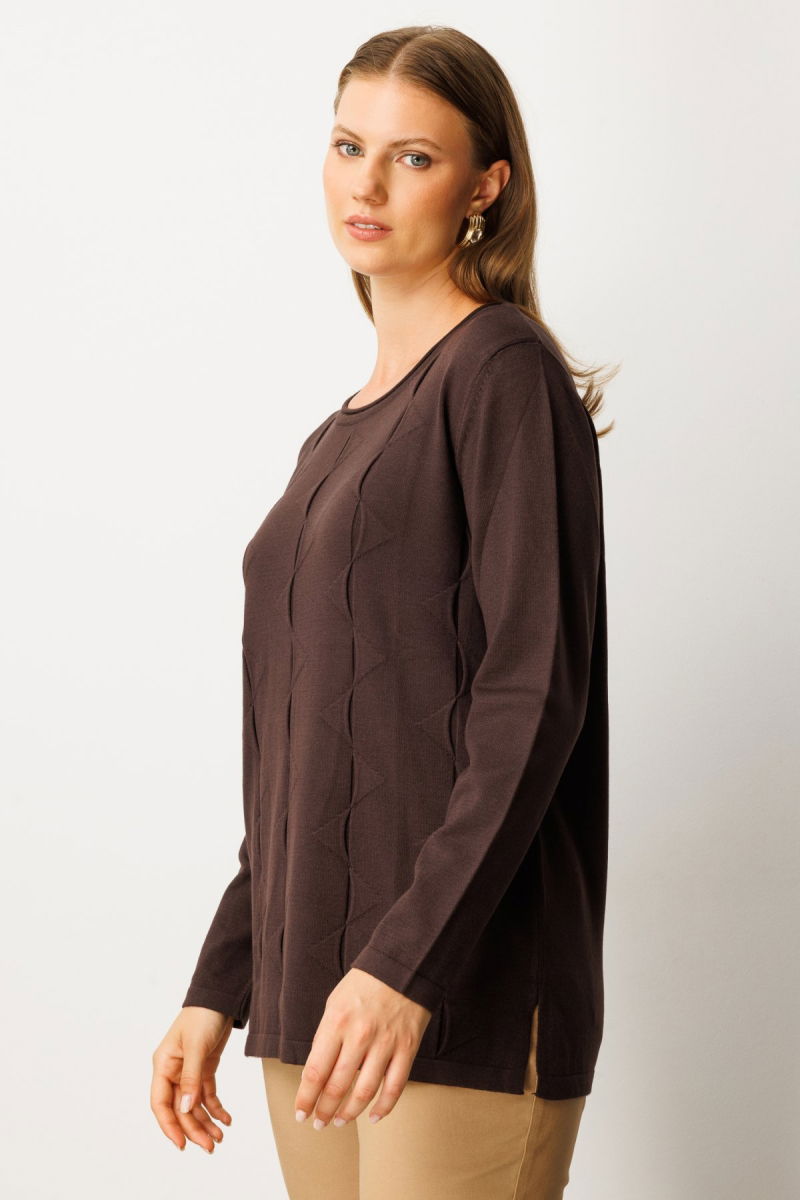 On Kadın Büyük Beden Kendinden Desenli Triko Kazak 65329 Kahverengi - 2