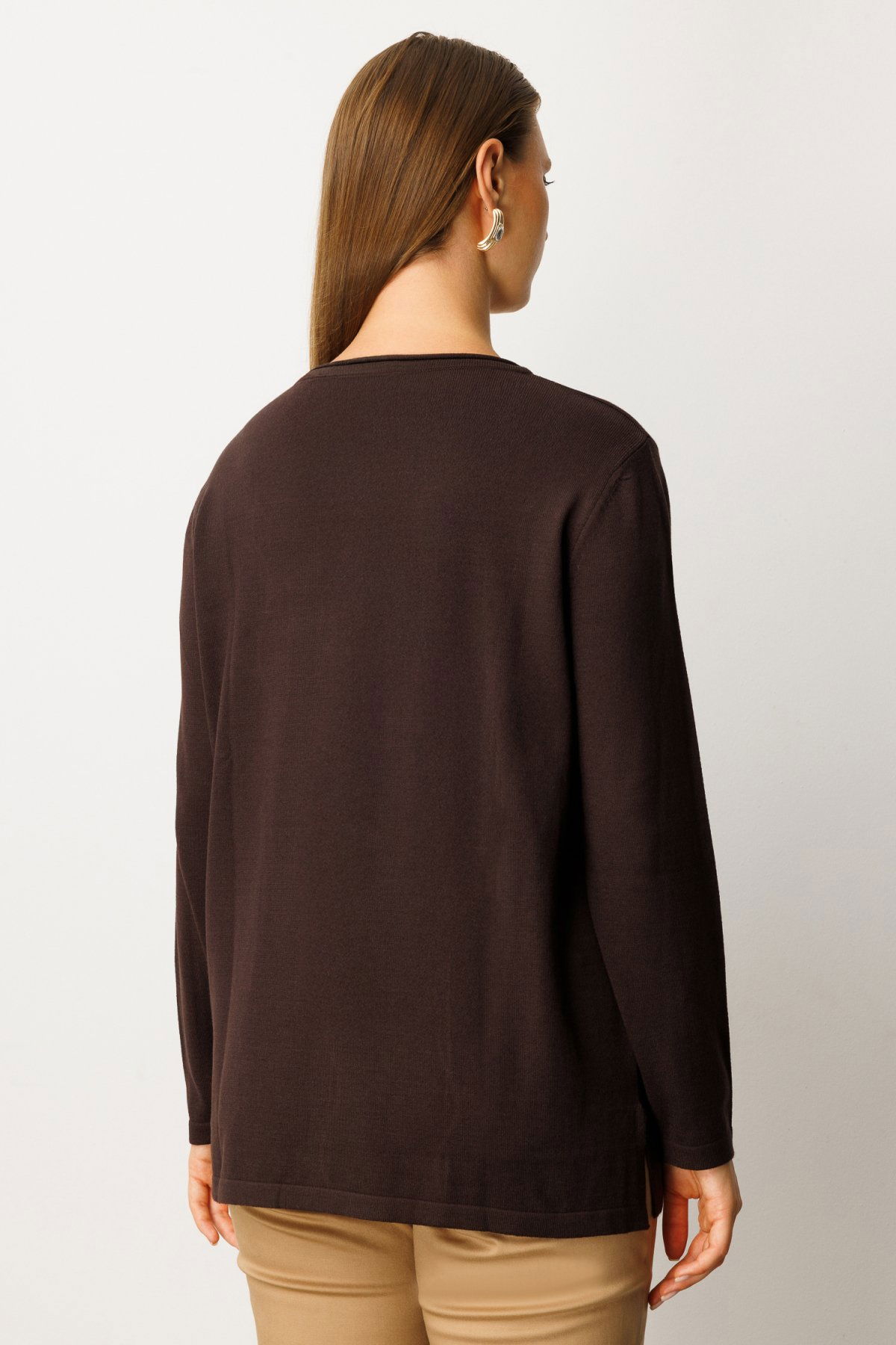 On Kadın Büyük Beden Kendinden Desenli Triko Kazak 65329 Kahverengi - 4