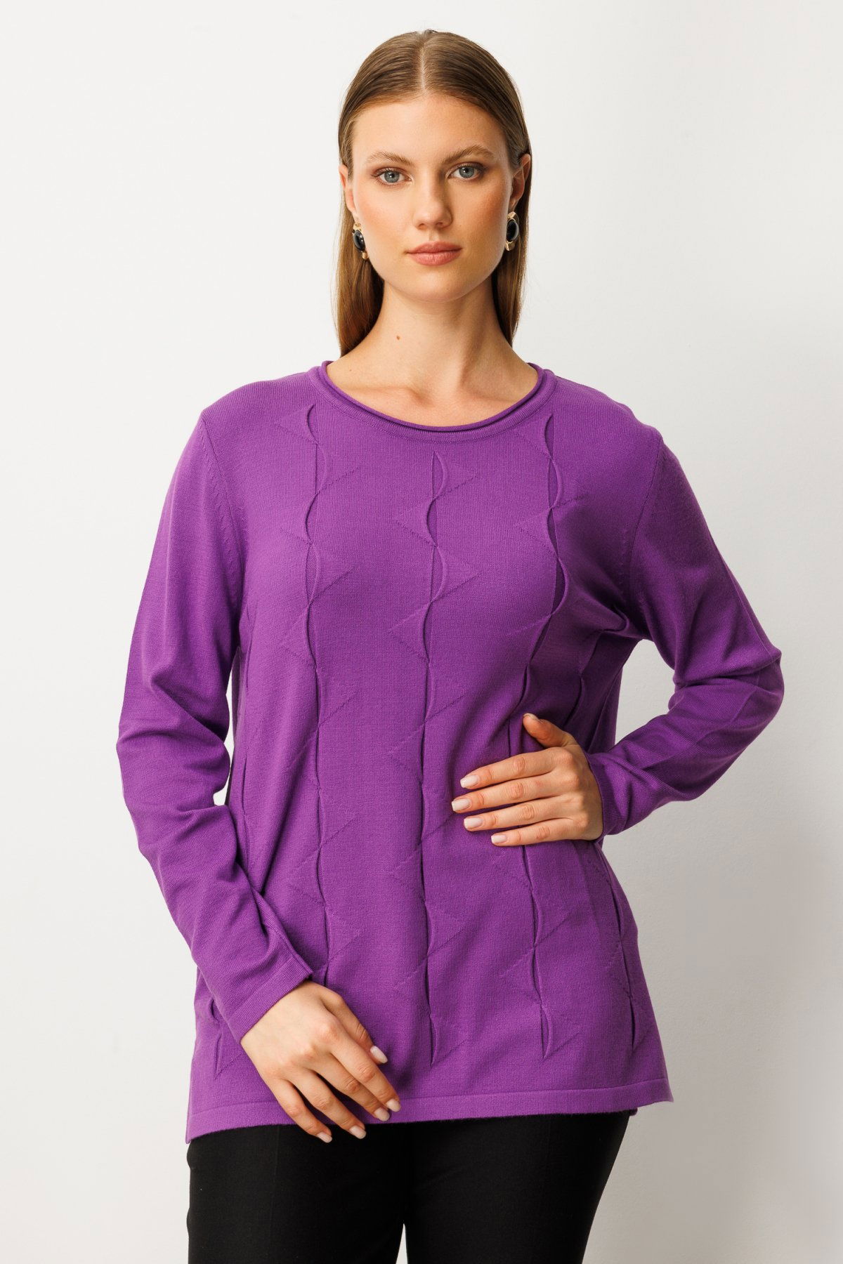 On Kadın Büyük Beden Kendinden Desenli Triko Kazak 65329 Mor - 1