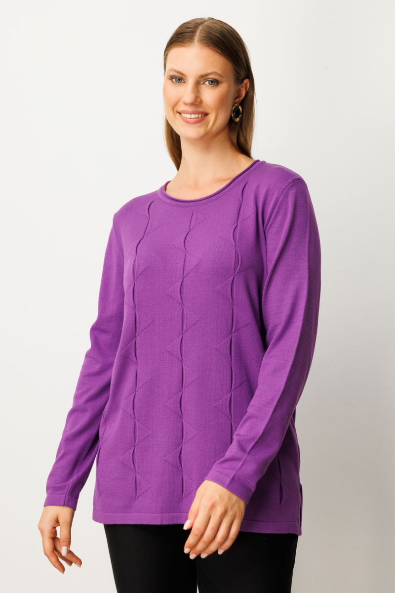 On Kadın Büyük Beden Kendinden Desenli Triko Kazak 65329 Mor - 2