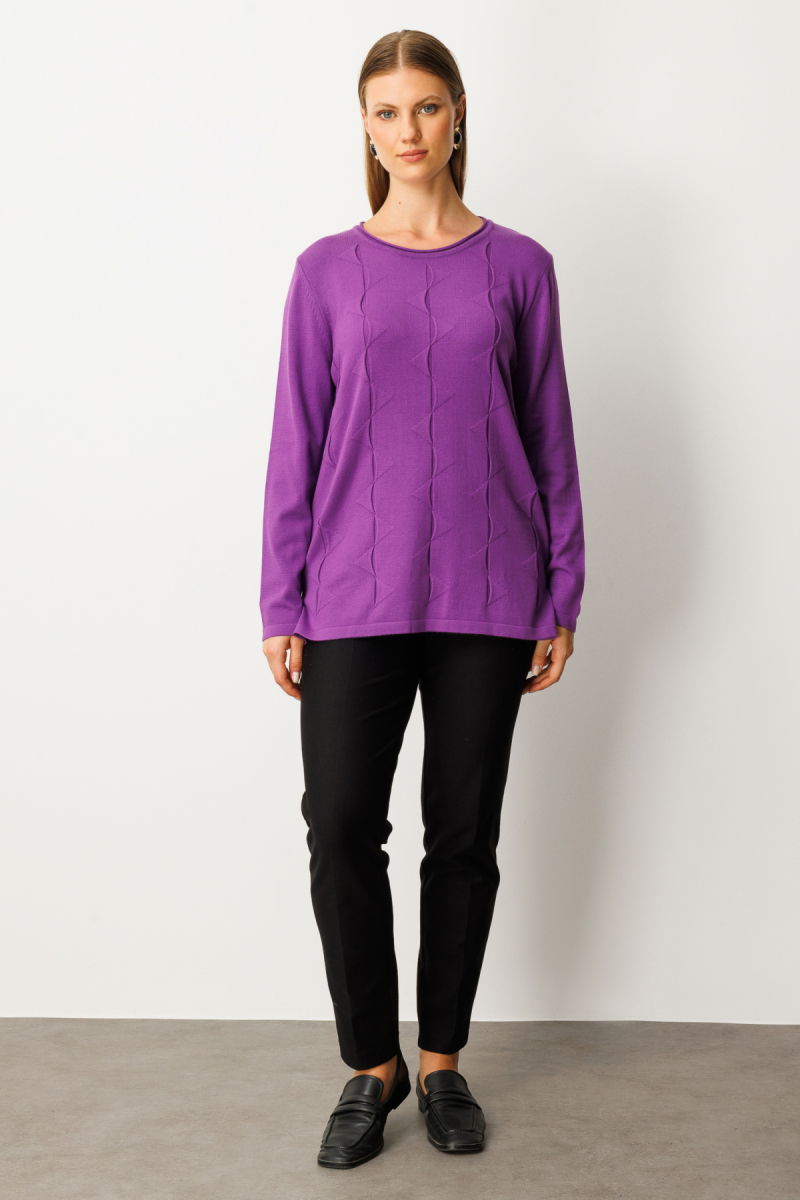 On Kadın Büyük Beden Kendinden Desenli Triko Kazak 65329 Mor - 3