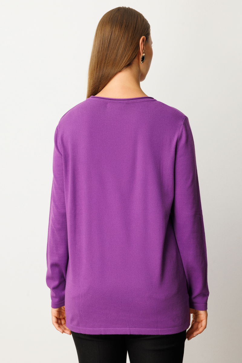 On Kadın Büyük Beden Kendinden Desenli Triko Kazak 65329 Mor - 4