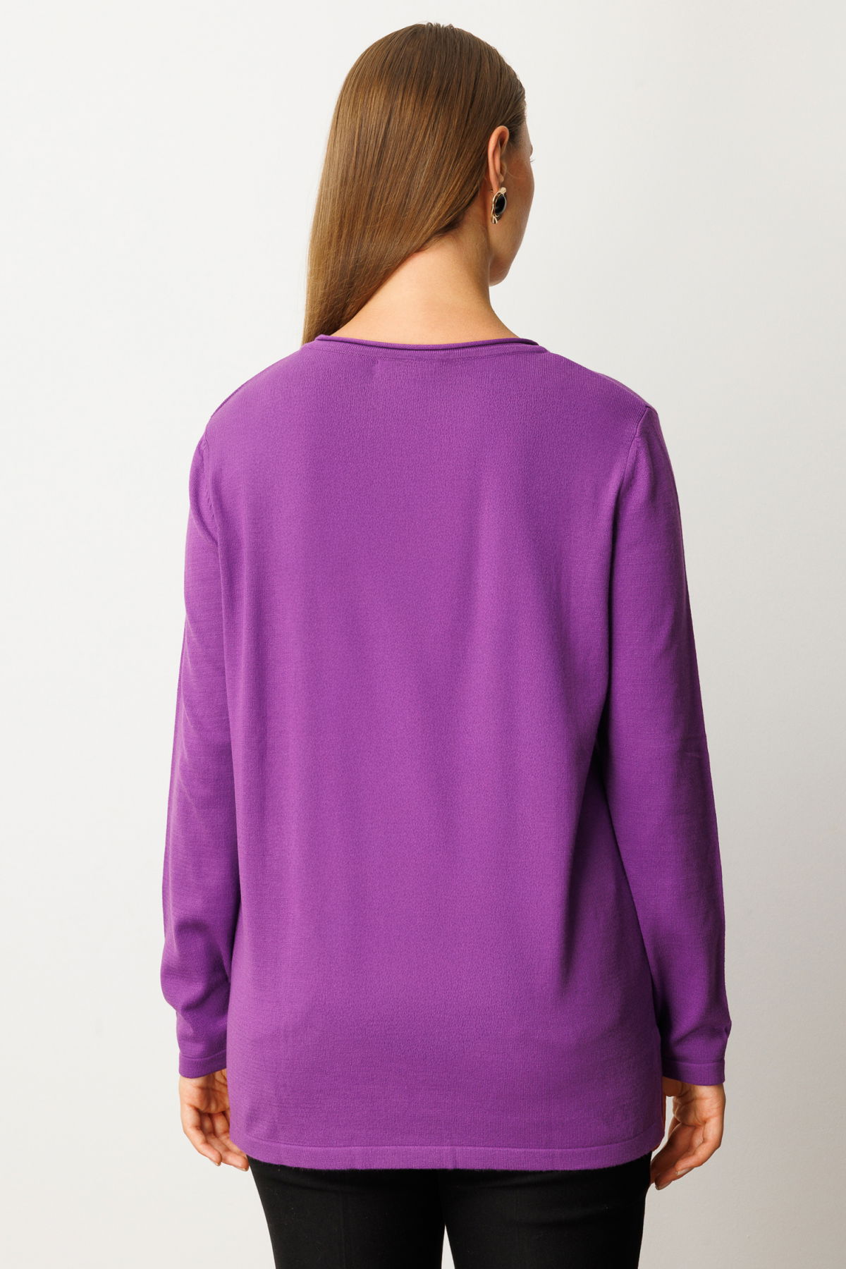 On Kadın Büyük Beden Kendinden Desenli Triko Kazak 65329 Mor - 4