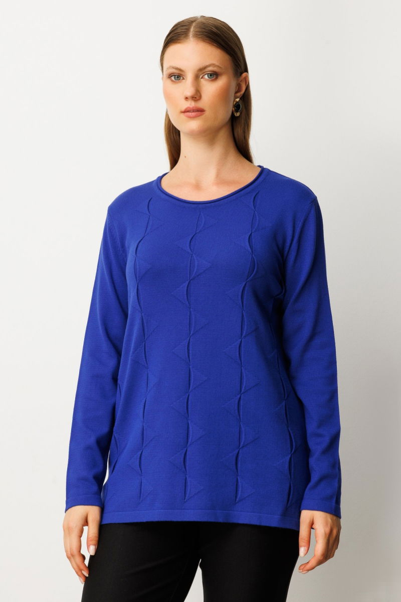 On Kadın Büyük Beden Kendinden Desenli Triko Kazak 65329 Saks - On