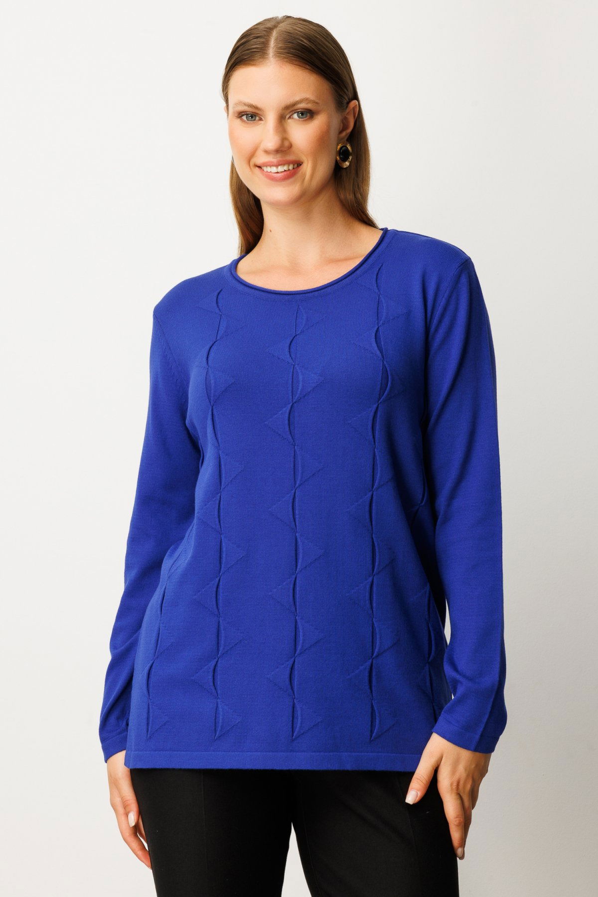 On Kadın Büyük Beden Kendinden Desenli Triko Kazak 65329 Saks - 2