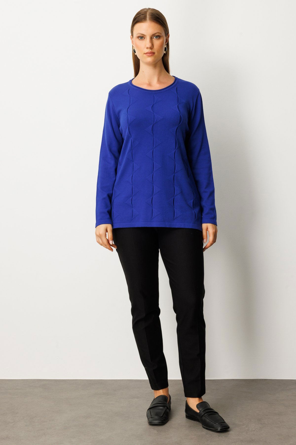 On Kadın Büyük Beden Kendinden Desenli Triko Kazak 65329 Saks - 3