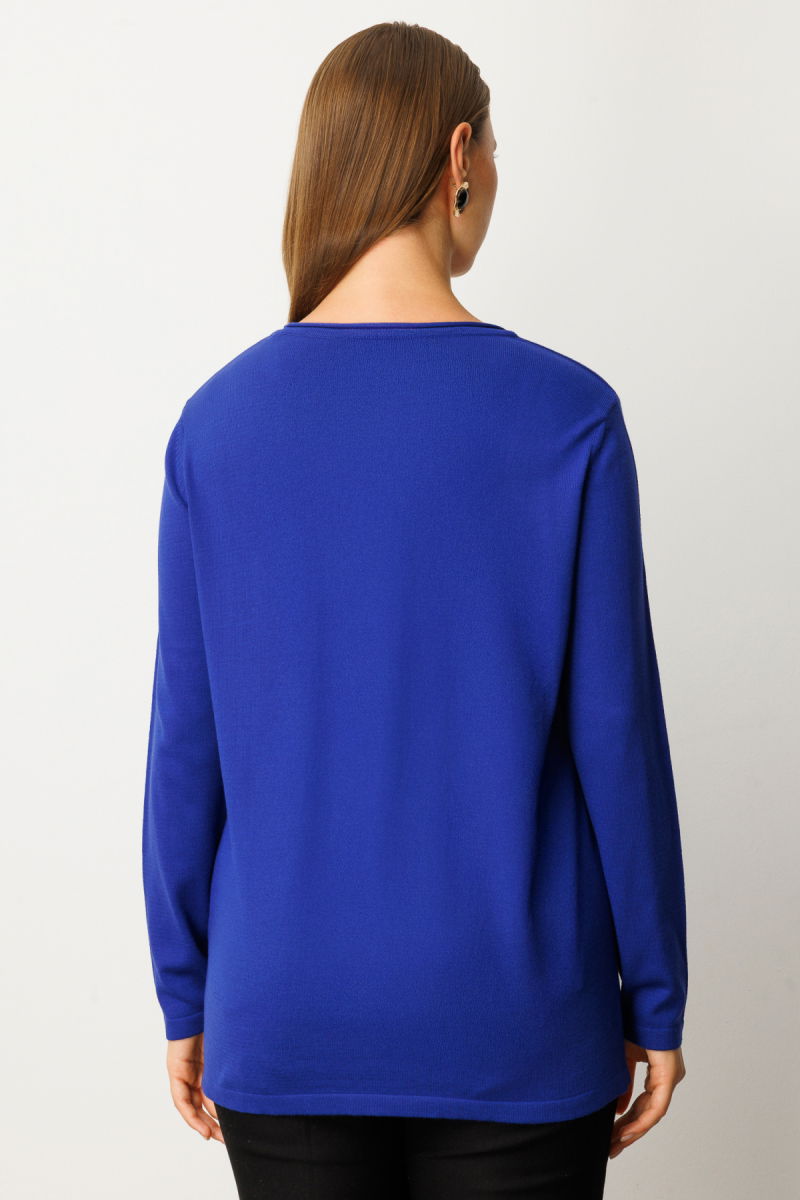 On Kadın Büyük Beden Kendinden Desenli Triko Kazak 65329 Saks - 4