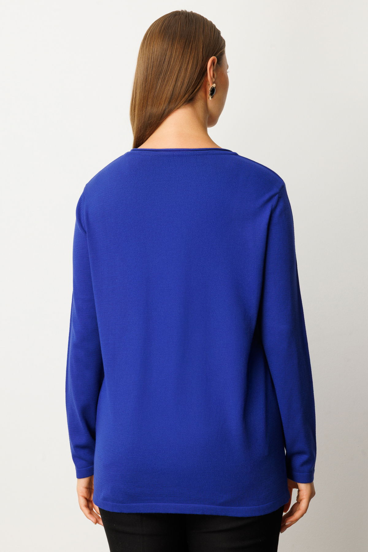 On Kadın Büyük Beden Kendinden Desenli Triko Kazak 65329 Saks - 4