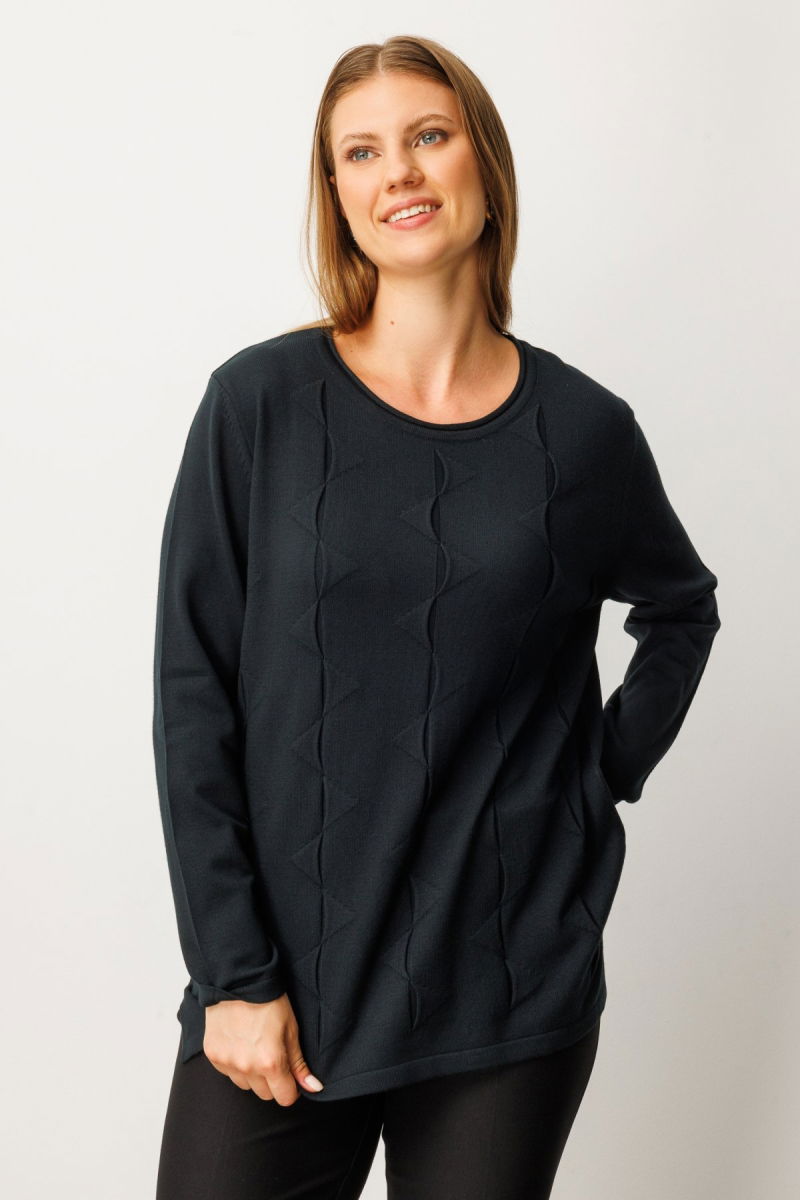 On Kadın Büyük Beden Kendinden Desenli Triko Kazak 65329 Siyah - On