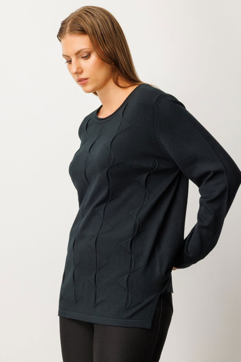 On Kadın Büyük Beden Kendinden Desenli Triko Kazak 65329 Siyah - 3