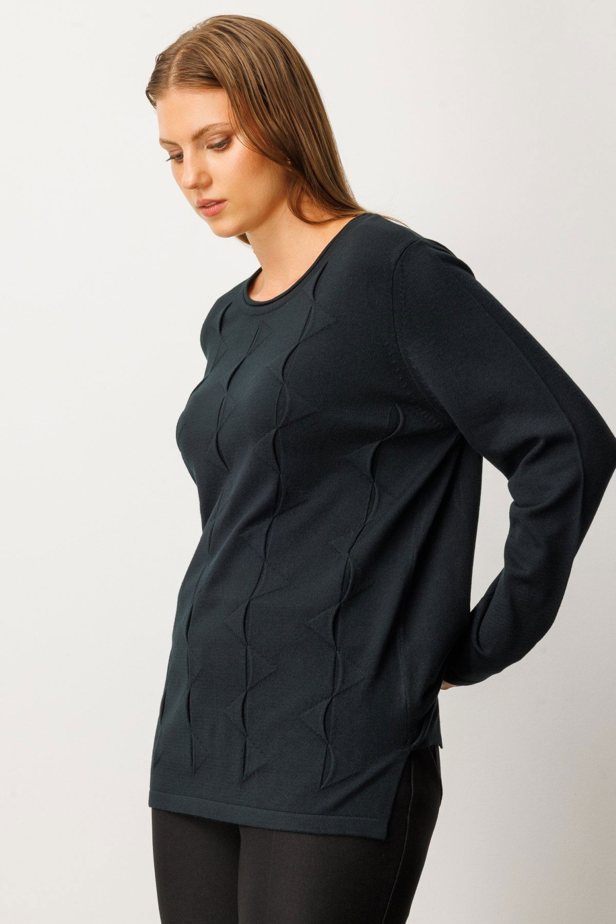 On Kadın Büyük Beden Kendinden Desenli Triko Kazak 65329 Siyah - 3