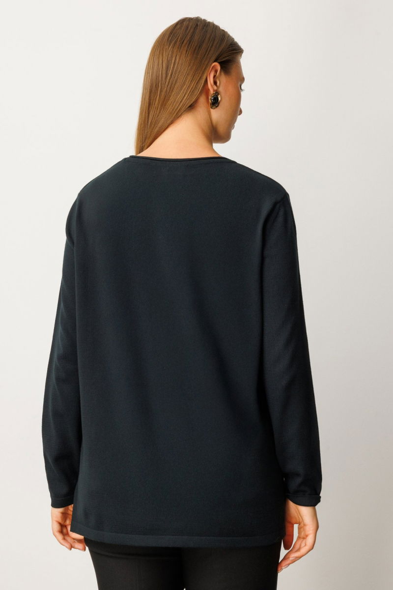 On Kadın Büyük Beden Kendinden Desenli Triko Kazak 65329 Siyah - 4