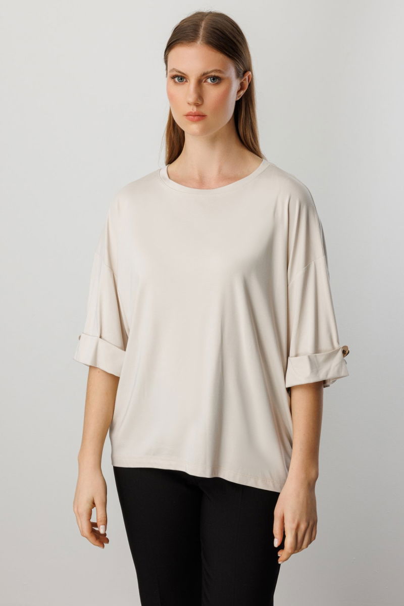 On Kadın Büyük Beden Kolu Metal Aksesuarlı Sıfır Yaka Bluz 61398 Taş - On