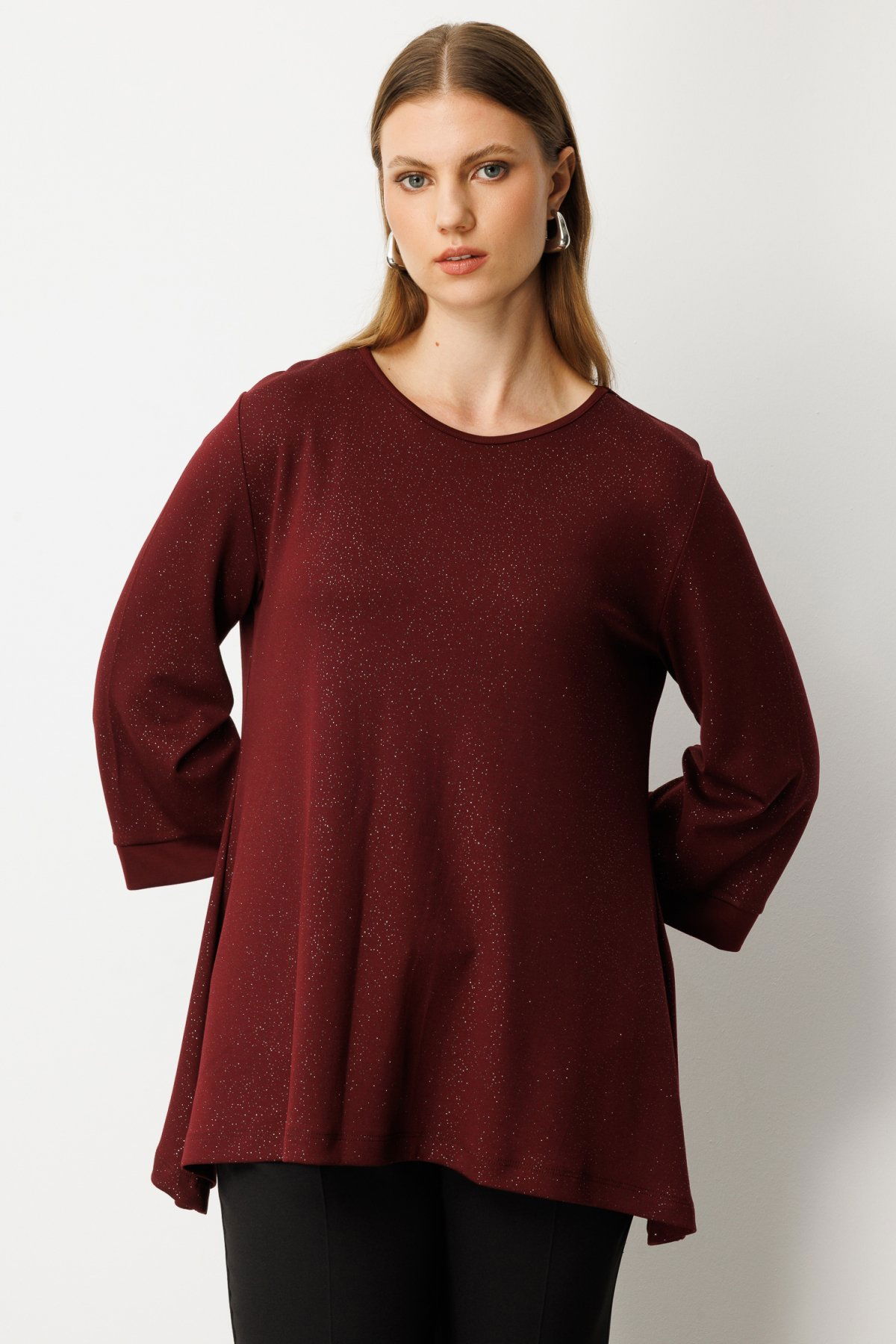 On Kadın Büyük Beden Kumaşı Simli Rahat Kalıp Bluz 61393 Bordo - 2