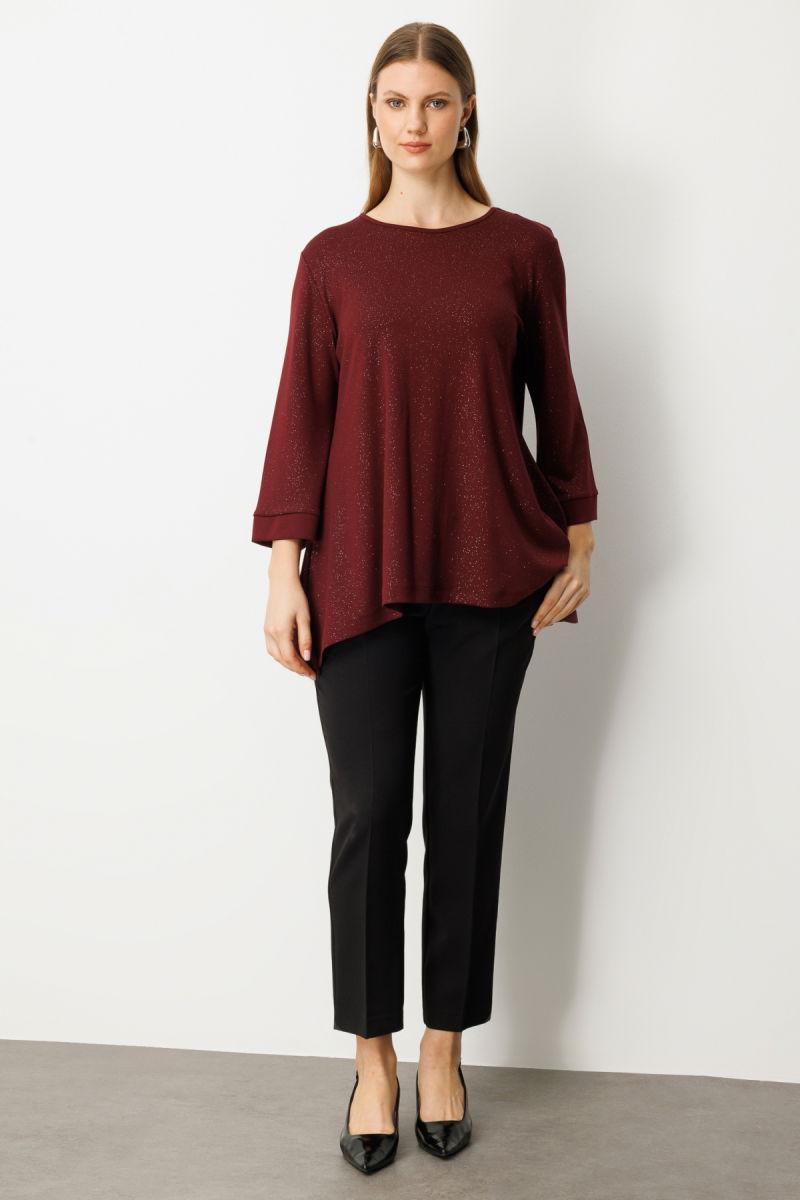 On Kadın Büyük Beden Kumaşı Simli Rahat Kalıp Bluz 61393 Bordo - 3