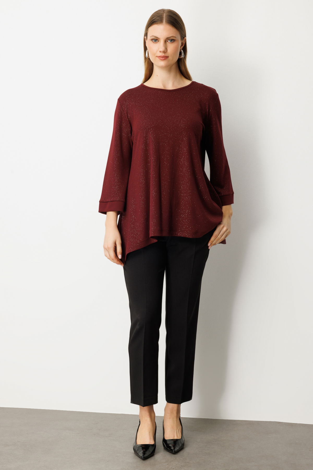 On Kadın Büyük Beden Kumaşı Simli Rahat Kalıp Bluz 61393 Bordo - 3