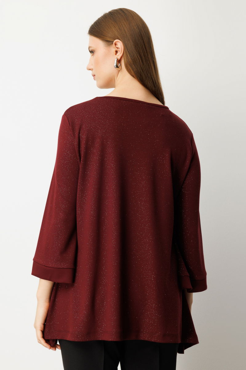 On Kadın Büyük Beden Kumaşı Simli Rahat Kalıp Bluz 61393 Bordo - 4